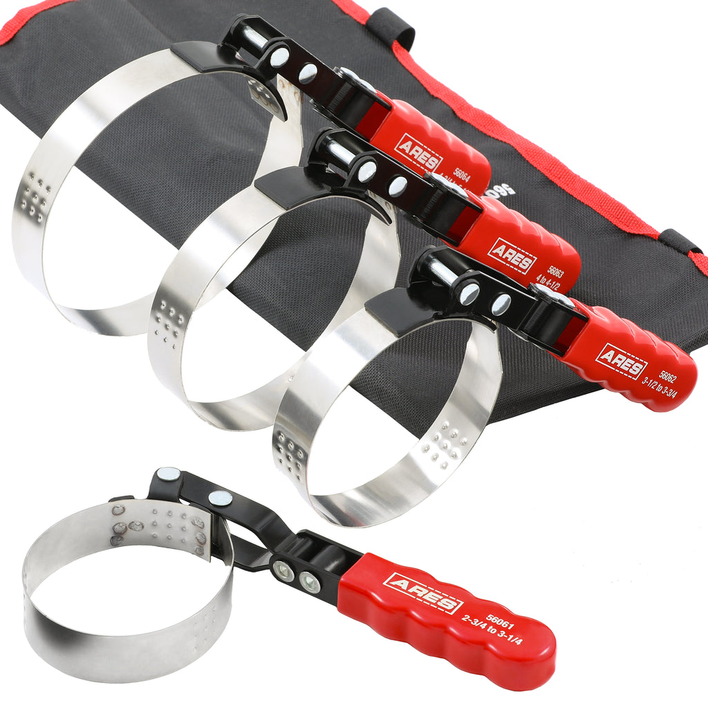 ARES 56065 - 4-Piece Swivel Oil Filter Wrench Set with Storage