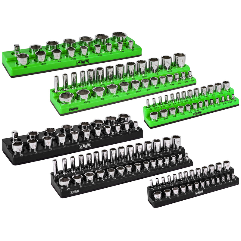 6-Pack Black and Green Metric and SAE Magnetic Socket Organizer Set