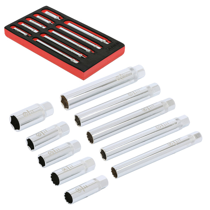 ARES 11033 - Juego de 10 vasos magnéticos para bujías de longitud estándar y extra profundos