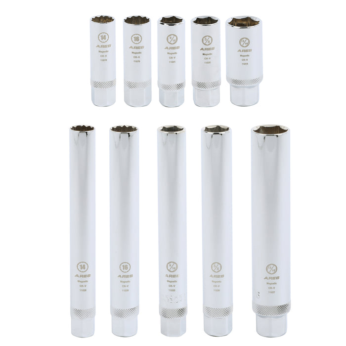 ARES 11033 - Juego de 10 vasos magnéticos para bujías de longitud estándar y extra profundos