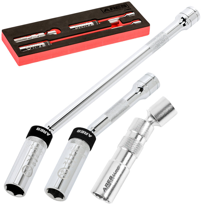 ARES 11053 - 3-Piece 3/8-Inch Drive Magnetic Swivel Spark Plug Socket Set with Thin Wall and Extensions