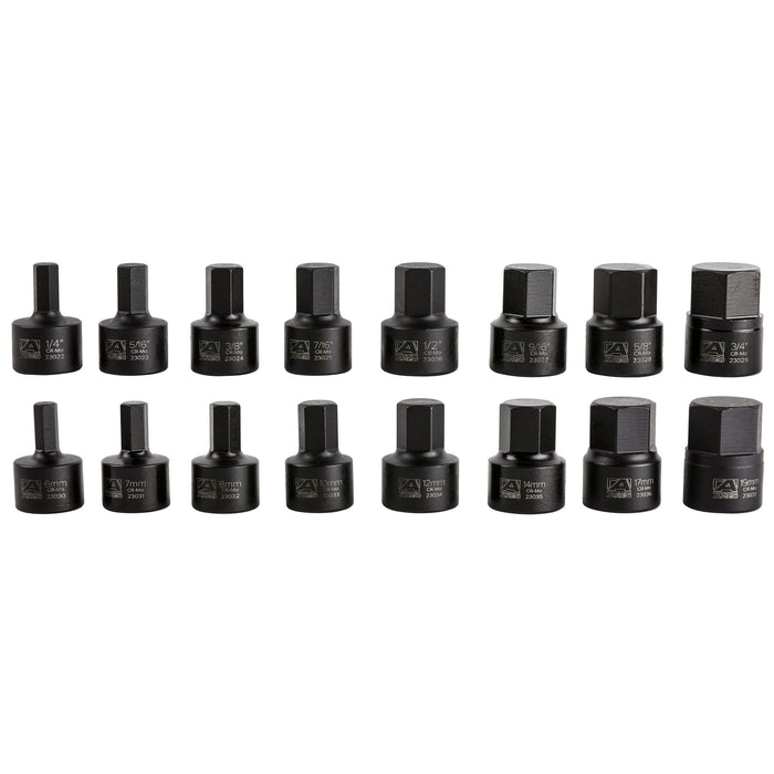 16-Piece Stubby Impact SAE and Metric Hex Bit Socket Set