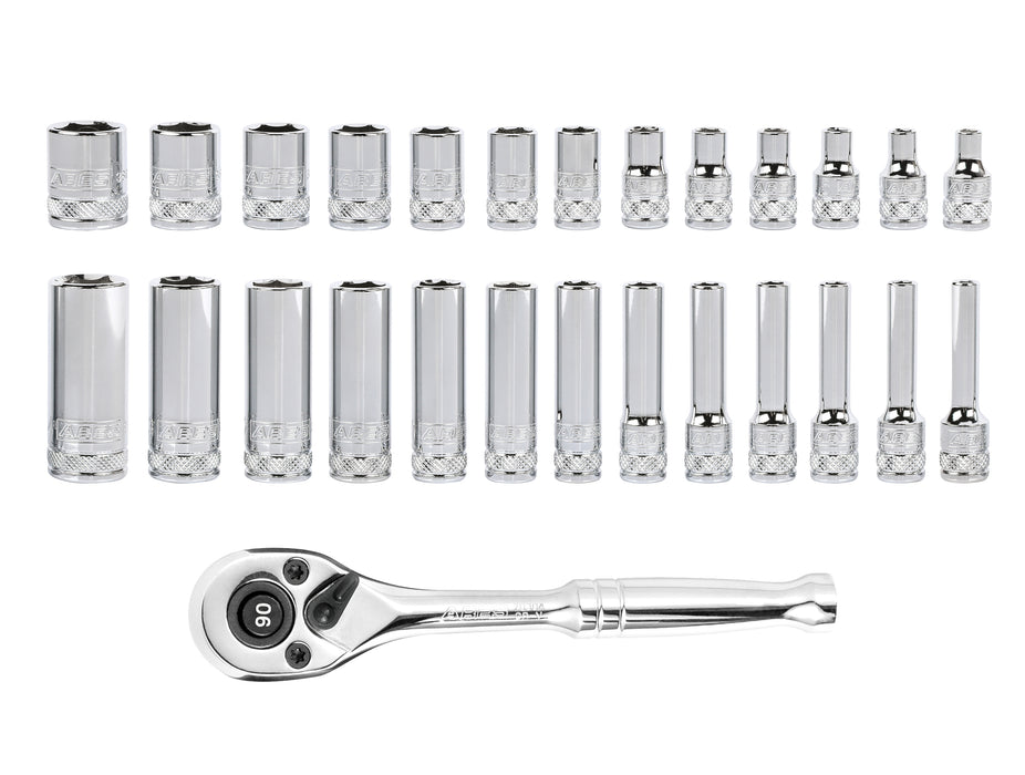 ARES 47003 - Juego de 28 piezas de dados métricos de 1/4 de pulgada y trinquete de 90 dientes con organizador magnético