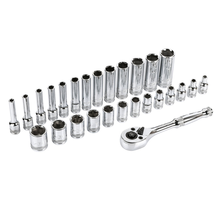 ARES 47003 - Juego de 28 piezas de dados métricos de 1/4 de pulgada y trinquete de 90 dientes con organizador magnético