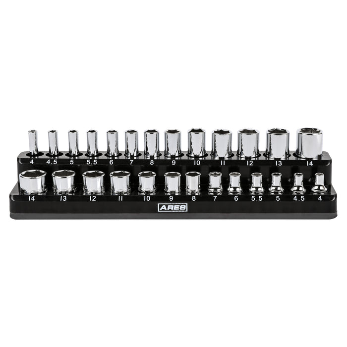 ARES 47003 - Juego de 28 piezas de dados métricos de 1/4 de pulgada y trinquete de 90 dientes con organizador magnético