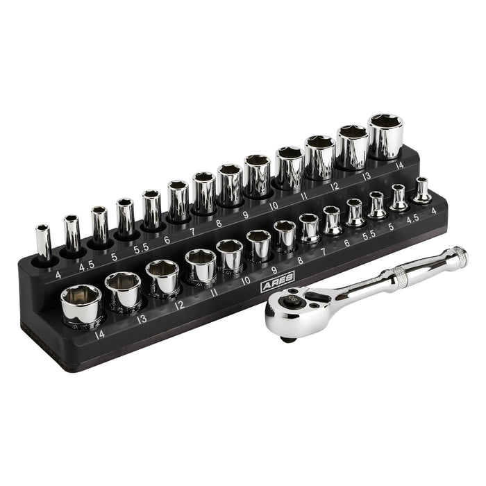 ARES 47003 - Juego de 28 piezas de dados métricos de 1/4 de pulgada y trinquete de 90 dientes con organizador magnético