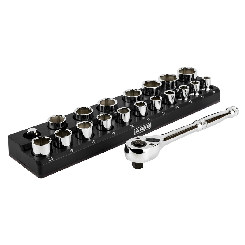21-Piece 1/2-inch Drive Metric Socket and 90-Tooth Ratchet Set with Magnetic Organizer
