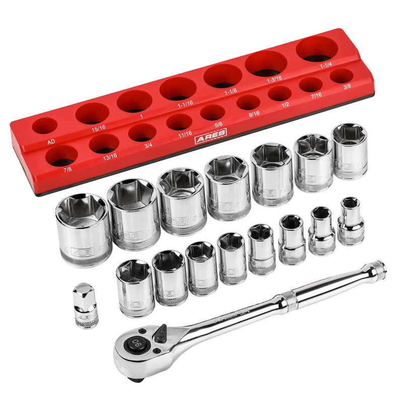 18-Piece 1/2-inch Drive SAE Socket and 90-Tooth Ratchet Set with