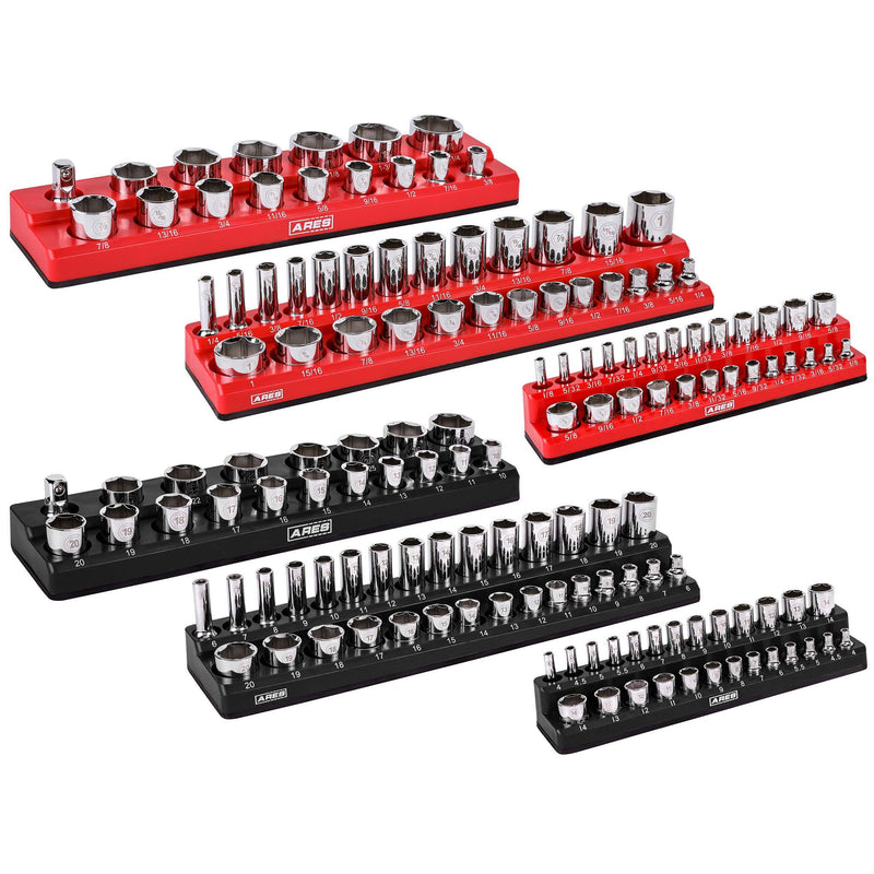 6-Piece Black and Red Metric and SAE Magnetic Socket Organizer Set
