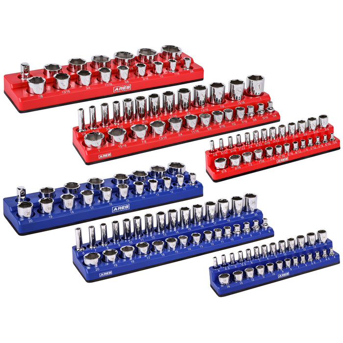 6-Piece Blue and Red Metric and SAE Magnetic Socket Organizer Set