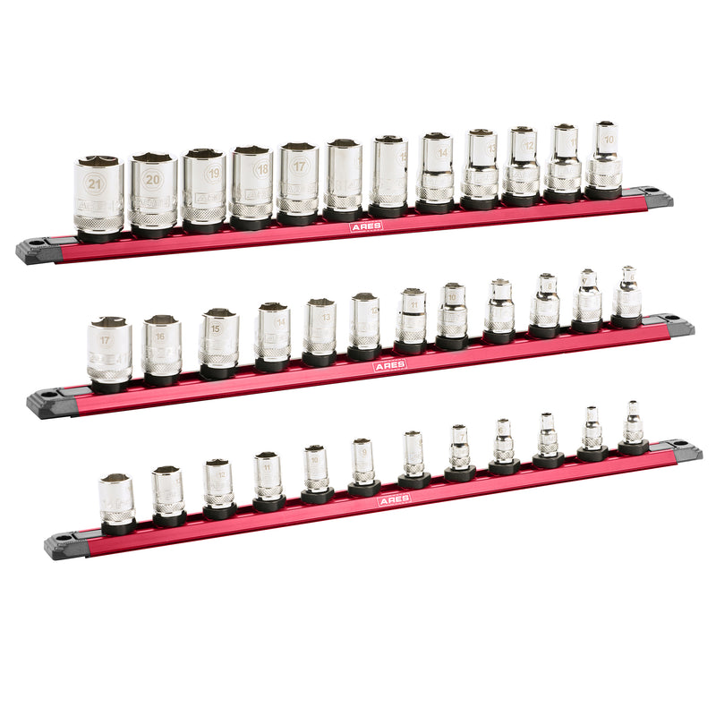 3-Piece 15.5-Inch Red Twist Lock Magnetic Socket Rail Set