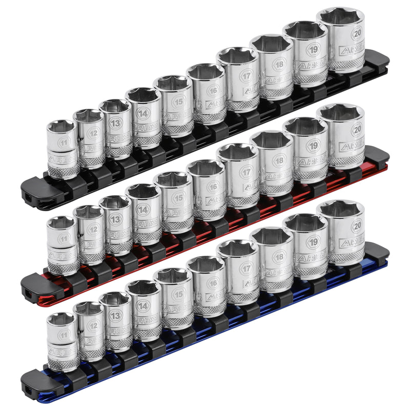 3-Piece 3/8-Inch Drive 9.84-Inch Aluminum Socket Rail Set with Locking End Caps