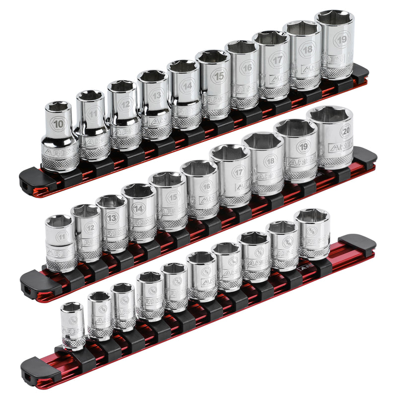 3-Piece Red 9.84-Inch Aluminum Socket Rail Set with Locking End Caps