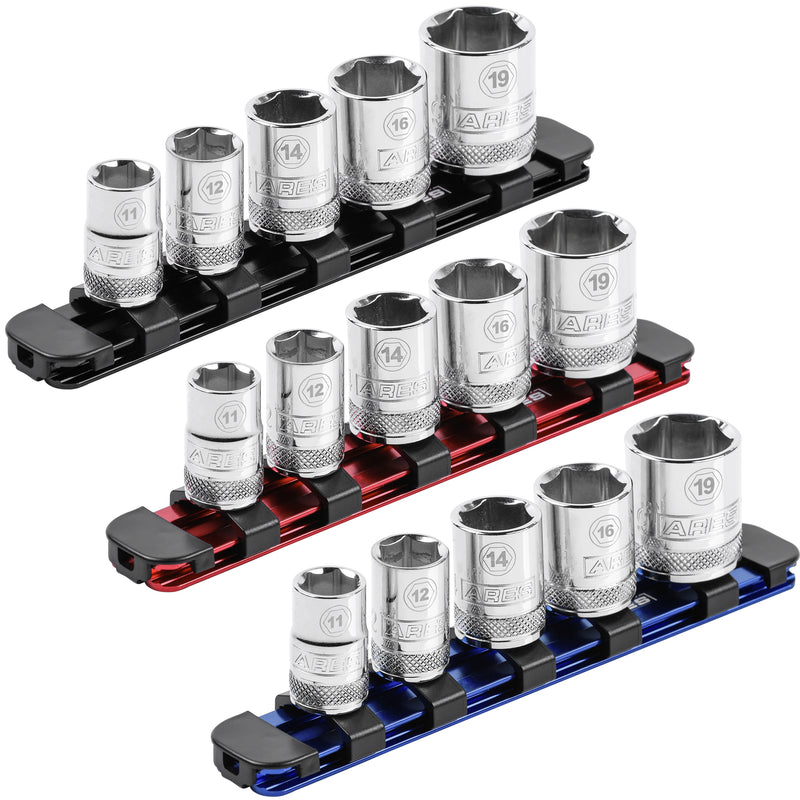 3-Piece 3/8-Inch Drive 6-Inch Aluminum Socket Rail Set with Locking End Caps